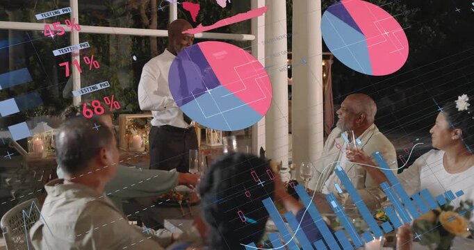 Host uncorking wine and speaking, animated charts rising over table, guests toasting business win