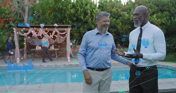 Pair clasping hands initiating walking along pool deck, biz chart animating around networking duo