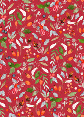 Watercolor Christmas Botanical Seamless Pattern