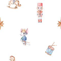 Nutcracker Soldier and Mouse King Seamless Watercolor Pattern