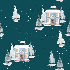 Watercolor seamless winter pattern with blue house and snowy Christmas trees