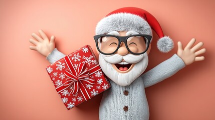 Pastel pink New-Year party banner, 2D flat Santa and ribboned gift centered, generous copy-space for headline