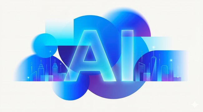 Blue Gradient Smart City Concept, AI, Typography Merging, Skyline Silhouette, Illustration, Urban Technology, Estate Banner, Fintech, Digital Transformation, Business, Cloud Computing, Data Network