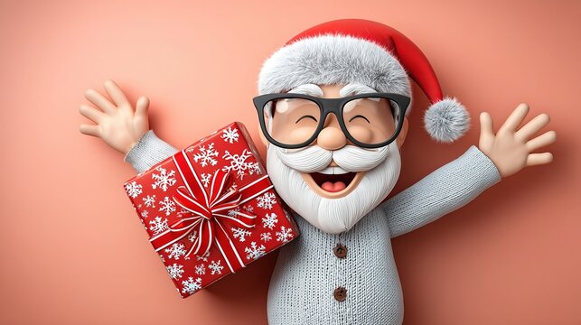 Pastel pink New-Year party banner, 2D flat Santa and ribboned gift centered, generous copy-space for headline