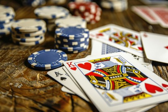 Playing cards and poker chips are laying on a wooden table, suggesting a game of poker or other card game