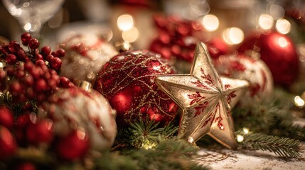 A cheerful seasonal layout featuring shimmering red ornaments, metallic gold star decorations, and pine greenery illuminated by gentle warm lights for a glowing festive atmosphere