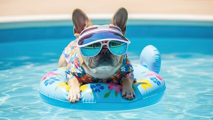 A cool French Bulldog enjoying a relaxing day in the pool while wearing sunglasses and a visor.