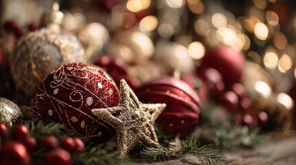 A cheerful seasonal layout featuring shimmering red ornaments, metallic gold star decorations, and pine greenery illuminated by gentle warm lights for a glowing festive atmosphere