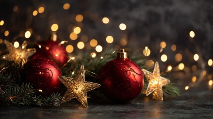 Glossy red baubles, gold stars, and fresh pine branches arranged with soft glowing fairy lights, creating a bright festive mood in a clean and balanced holiday composition