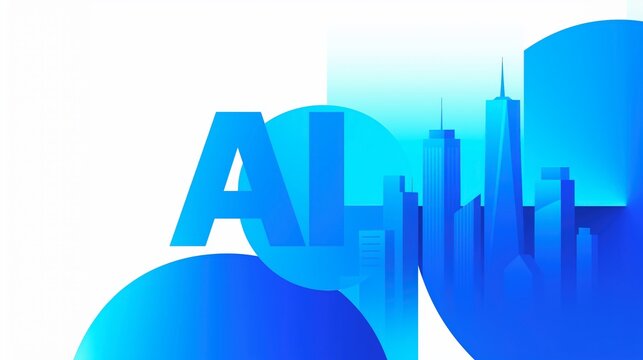 Blue Gradient Smart City Concept, AI, Typography Merging, Skyline Silhouette, Illustration, Urban Technology, Estate Banner, Fintech, Digital Transformation, Business, Cloud Computing, Data Network