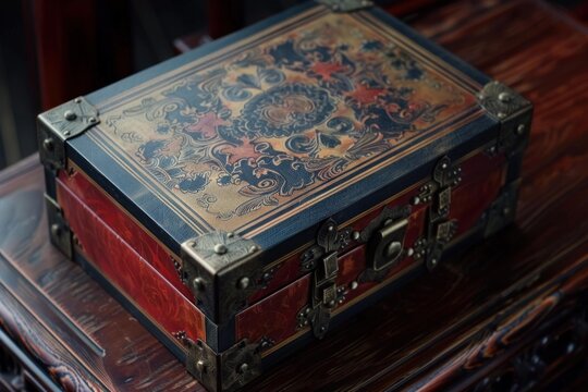 Closed wooden box with brass hinges and clasps, decorated with floral patterns, resting on a wooden table