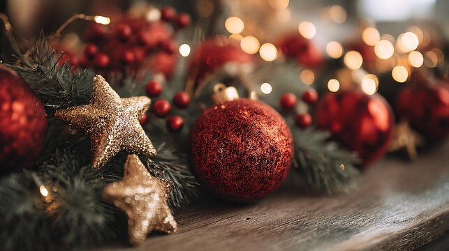 A cheerful seasonal layout featuring shimmering red ornaments, metallic gold star decorations, and pine greenery illuminated by gentle warm lights for a glowing festive atmosphere