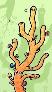 Cute Cartoon Coral with Smiling Faces and Mushrooms.