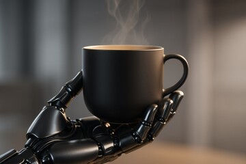 Robotic hand holding a steaming black coffee cup in a blurred background