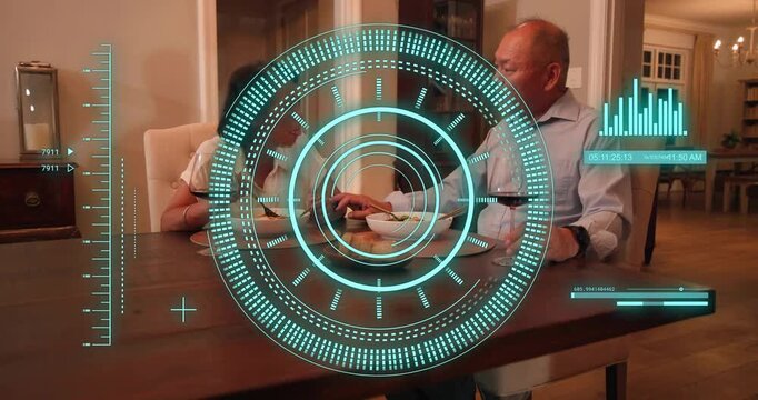 Woman taking seat, man reaching, touching hands while teal tech HUD showing meal data during meal