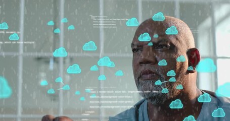 Man reaching forward and dragging cloud icons, causing code overlays clustering for sorting tech - Powered by Adobe