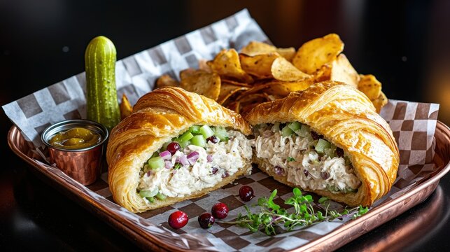 Gourmet croissant sandwich filled with chicken salad, cranberries and fresh vegetables served on copper tray with kettle chips and pickle spear