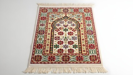 Intricate prayer rug with floral and geometric design on a white background