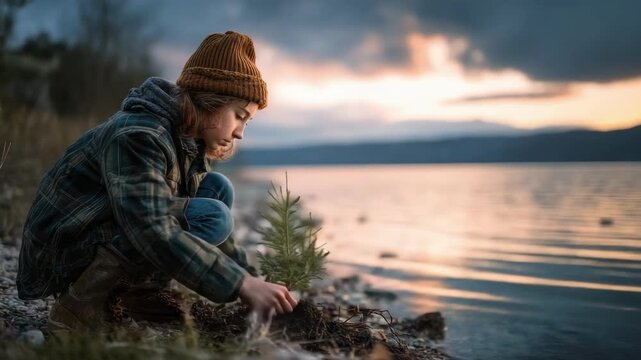 A person in an orange beanie and plaid jacket kneels on a rocky lakeshore, planting a small pine sapling as the sun sets.