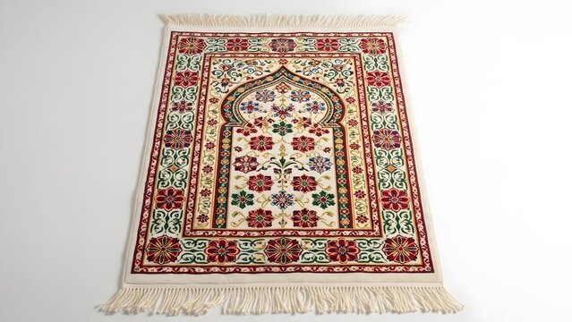 Intricate prayer rug with floral and geometric design on a white background