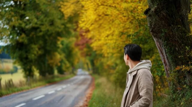 A smiling man in a beige hoodie stands by a tree-lined road in autumn, with golden leaves along the path.