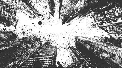 Obraz premium Black and white abstract ink splatters on grunge textured skyscrapers looking up background