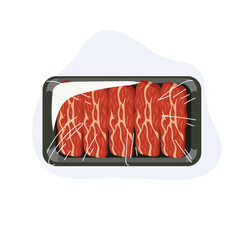 Raw meat sliced beef packaged in plastic wrap fresh marbled beef tray food illustration