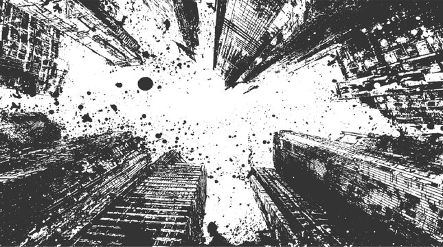 Black and white abstract ink splatters on grunge textured skyscrapers looking up background
