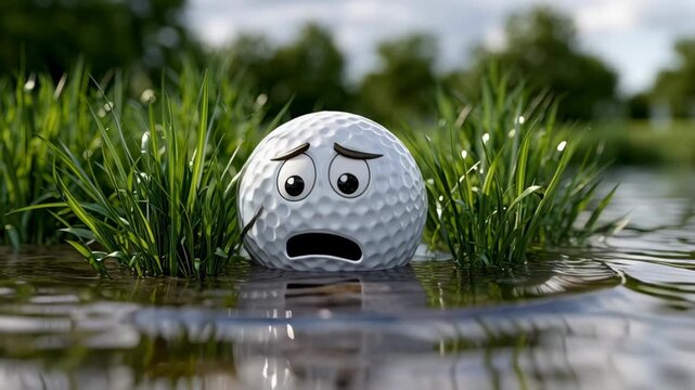 Animated golf ball with expressive eyes emerges from water, surrounded by lush grass, showcasing a humorous scene of surprise and concern, camera zooms in for emphasis on emotion