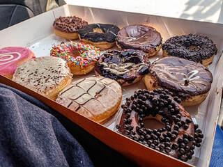 Box of assorted donuts with colorful toppings and glazes. Sweet treats for dessert or snack. Variety of flavors and textures. Perfect for sharing or indulging.