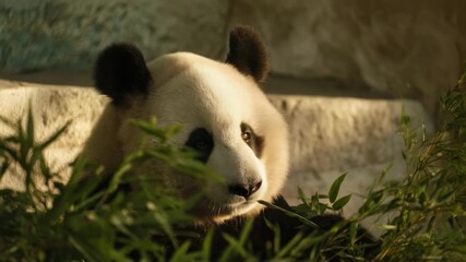 Giant panda resting among bamboo leaves in a sunlit enclosure.