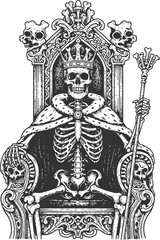 Skeleton monarch seated on an ornate throne with a scepter against a black background