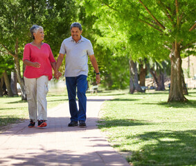 Fototapeta premium Elderly, happy couple and holding hands in park for bonding, fresh air or outdoor walk together. Senior, man or woman with smile on path or trail for holiday, weekend or retirement in nature or woods