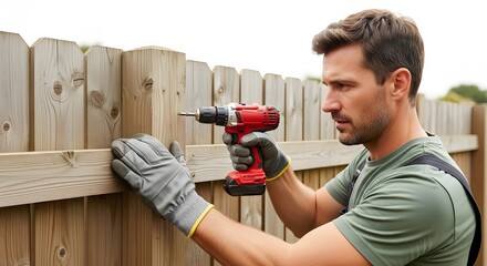 Man installing a wooden fence with a red drill. Home improvement and DIY concept for property maintenance service.