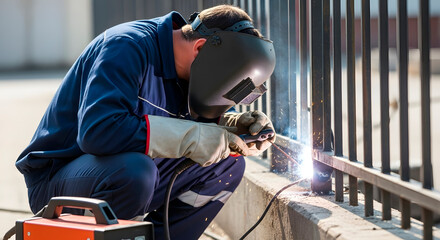 Man welding metal structure outdoors. Worker in protective mask and uniform fixing fence. Repair and construction work concept.