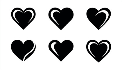 Six black heart shapes with white highlights on white background hearts love