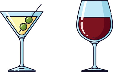 Martini and red wine glasses illustration on white background