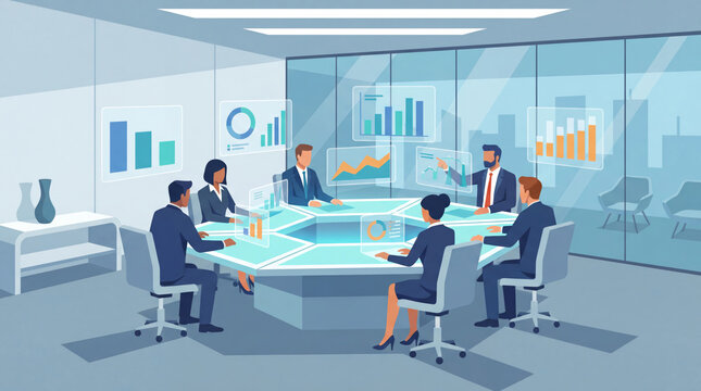 Business meeting corporate team conference room data analytics financial graph strategy planning executive leadership modern office glass wall digital screen. Business meeting corporate team