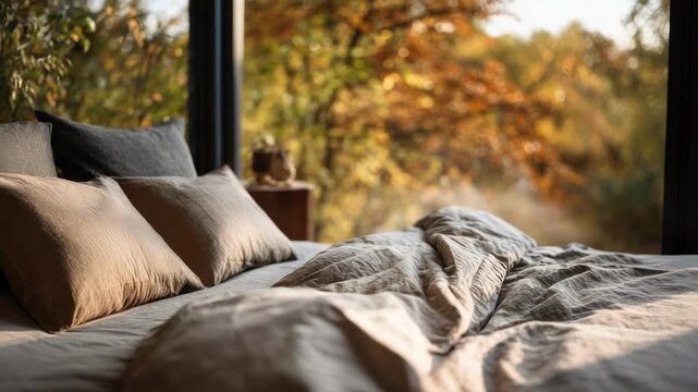 Cozy bed with beige and gray pillows and a rumpled blanket, by a window with autumn foliage outside.