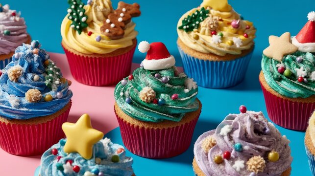 Brightly colored cupcakes adorned with Christmas themes sit beautifully arranged, featuring festive decorations like stars and Santa hats, ideal for holiday gatherings