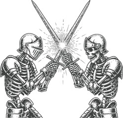 Two armored figures engage in a sword fight with powerful radiating light on dark background