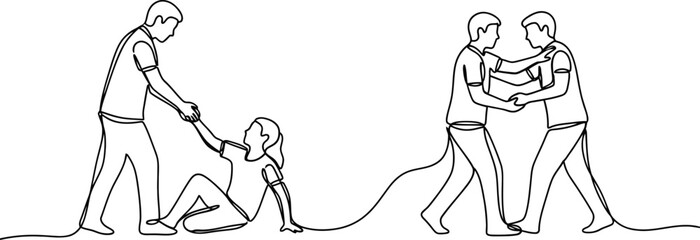Continuous line drawing of people helping each other and reading together