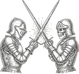 Two armored knights in a medieval duel with crossed swords and dynamic clash