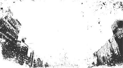 Black and white grunge texture with abstract building silhouettes and splatter vector © Towhidul