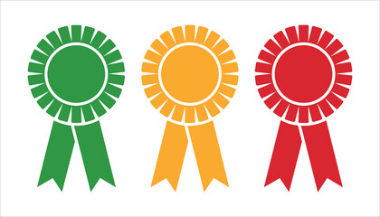 Three award ribbons green orange red on white background rosette medal