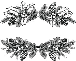 Two pairs of dark winter foliage silhouettes with pine needles and holly leaves on black background