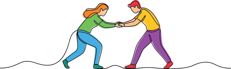 Couple walking on a tightrope balancing together with shared risk