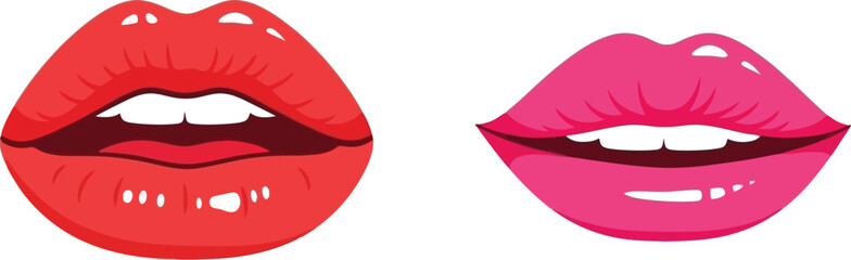 Two pairs of glossy lips in red and pink on white background