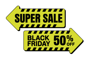 Super sale Black Friday promotion with 50 percent off, vibrant yellow arrow signs point the way to savings during the shopping event, modern marketing campaign