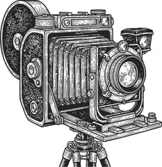 Vintage film camera silhouette on tripod for motion picture production